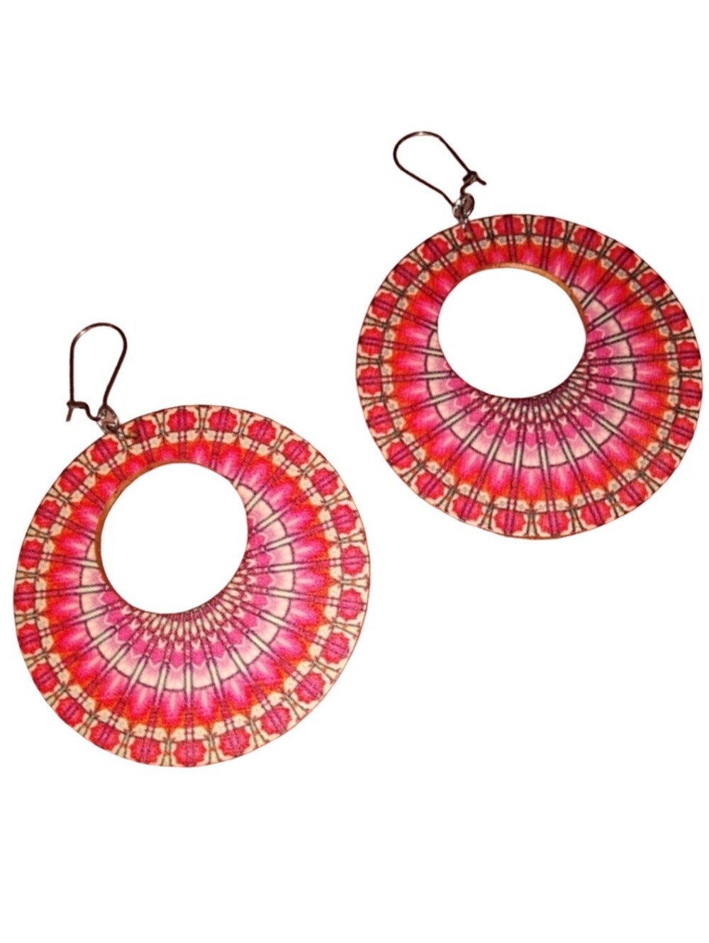 Oversized Abstract Hoop Earrings Bohemian Round Wood Hoops Pink Red Butterfly